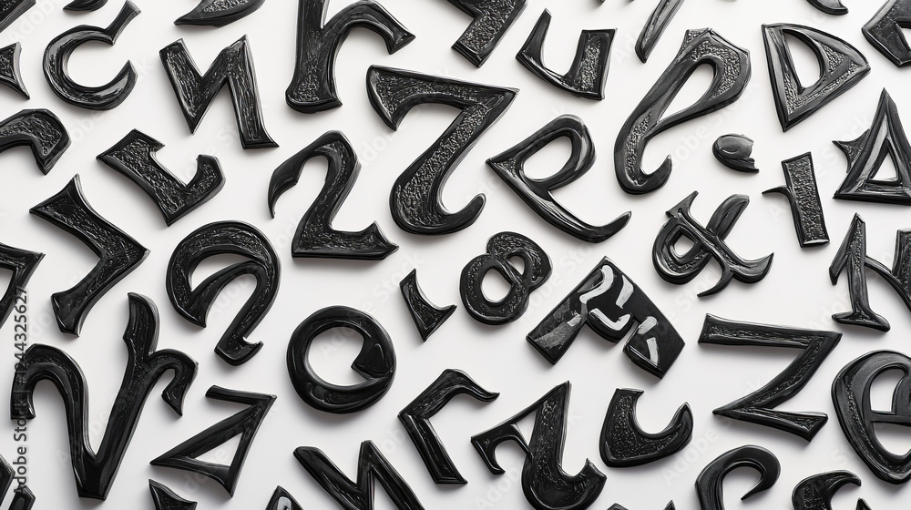 Seamless pattern of randomly scattered gothic letters with medieval calligraphy elements on white background, for background or textile design