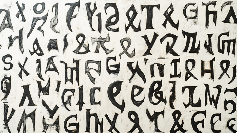 Seamless pattern of randomly scattered gothic letters with medieval calligraphy elements on white background, for background or textile design Seamless pattern of randomly scattered gothic letters with medieval calligraphy elements on white background, for background or textile design