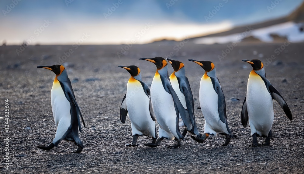 Obraz premium Striking Gathering of King Penguins on Salisbury Plains Beach, South Georgia, Antarctica at Dusk Majestic Black and White Birds Silhouetted against Vibrant Sunset Sky