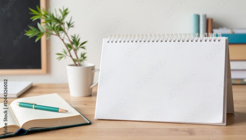 Minimalist calendar on study desk with notebook, organized workspace Minimalist calendar on study desk with notebook, organized workspace