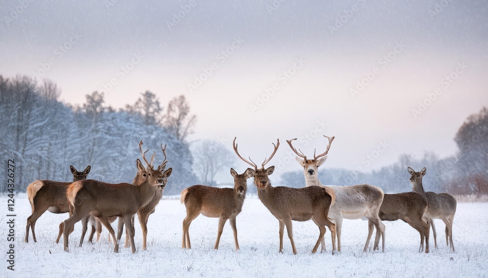 Striking Gathering of Red Deer Amidst Winter Snowscapes A ChristmasInspired Backdrop with a Frosty Winterland Ambiance, Ideal for Digital Art, Home Decor, or Design Inspiration. Striking Gathering of Red Deer Amidst Winter Snowscapes A ChristmasInspired Backdrop with a Frosty Winterland Ambiance, Ideal for Digital Art, Home Decor, or Design Inspiration.