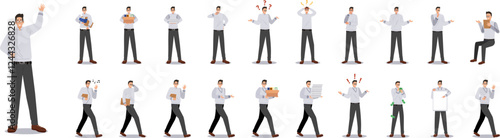 Set of characters busy student in glasses: young man in different poses, movements and gestures, sitting and standing. Concept of college student in glasses