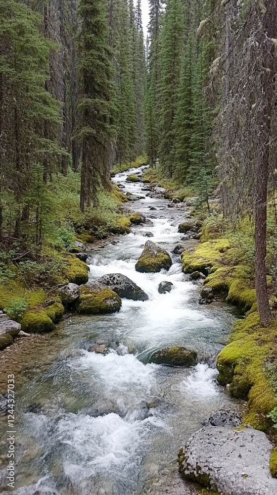 Serene Mountain Stream Winding Through Lush Forest. A captivating view of a tranquil stream flowing through a dense forest. Picturesque natural beauty. Serene Mountain Stream Winding Through Lush Forest. A captivating view of a tranquil stream flowing through a dense forest. Picturesque natural beauty.