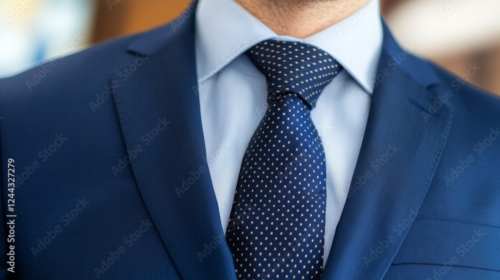 Close-up of a well-dressed man in a blue suit and polka dot tie, showcasing professional attire indoors Close-up of a well-dressed man in a blue suit and polka dot tie, showcasing professional attire indoors