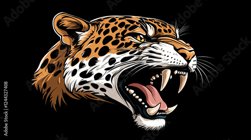 Angry jaguar or leopard cartoon animal mascot, vector beast. Roaring wild cat predator head with fierce fangs for sport team badge, league emblem, tattoo or game mascot photo