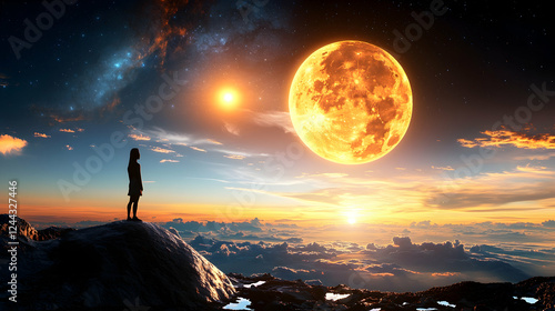 Girl gazing at giant orange moon, sunset, cosmic background, fantasy art, ideal for dreams, hope, exploration themes