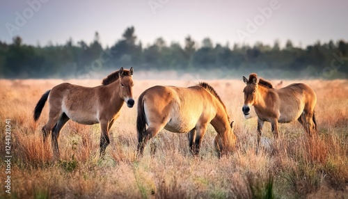 Rare Glimpse of Endangered Equus Przewalski Wild Horses Against Stark Mongolian Steppe Backdrop at Dusk photo