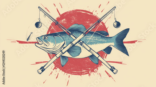 Fishing tournament poster for professional fisherman hobby or sport. Vector retro vintage design of crossed fisher rod, tackles and baits for big sheatfish or catfish catch photo