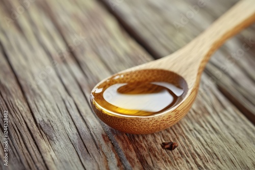 Natural remedy for toothache with clove oil in a wooden spoon close up. Generative AI photo