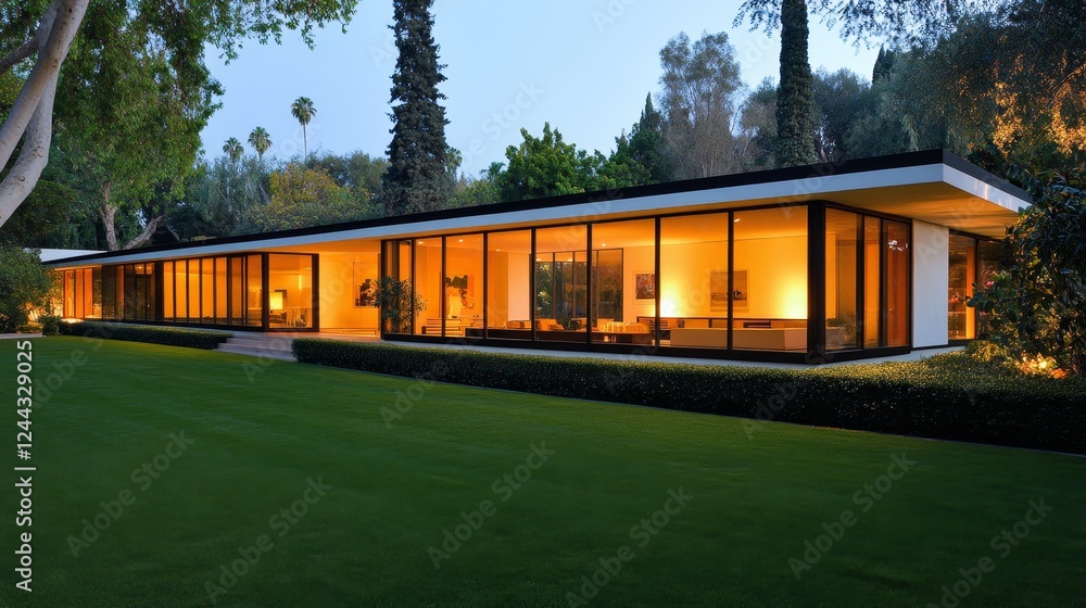 Modern architectural home at twilight with illuminated interiors surrounded by lush greenery Modern architectural home at twilight with illuminated interiors surrounded by lush greenery