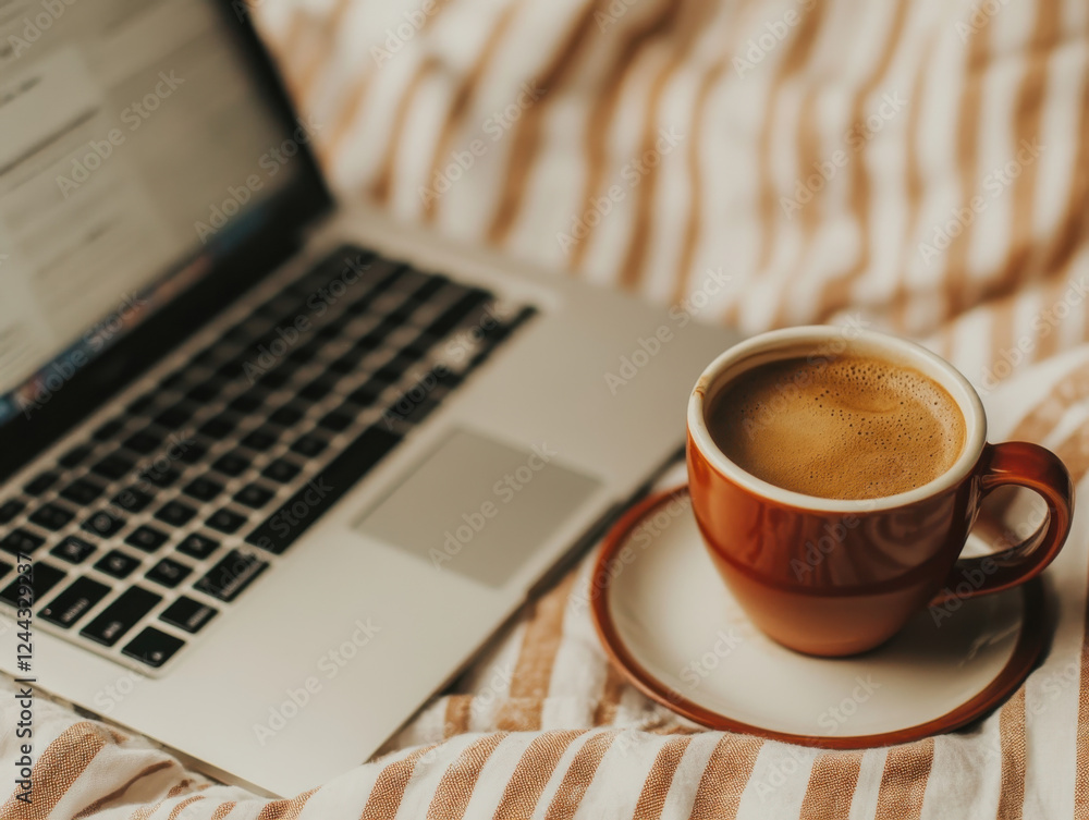 Cozy home workspace with a laptop and a warm coffee cup on a bed with striped sheets Cozy home workspace with a laptop and a warm coffee cup on a bed with striped sheets