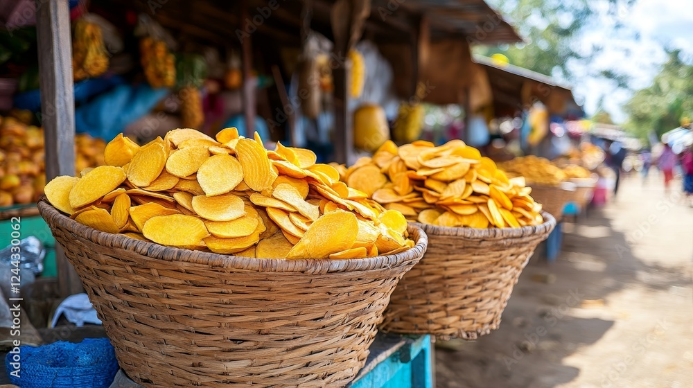 Fototapeta premium Golden Harvest: Dried Fruit Baskets at Market - Vibrant yellow dried fruit slices fill woven baskets, symbolizing abundance, harvest, natural goodness, local trade, and sun-ripened flavors.