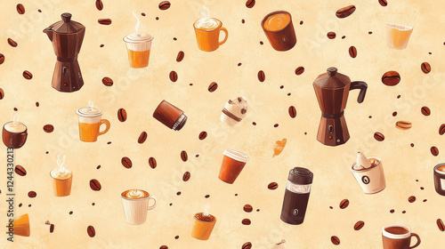 Seamless pattern  with cups, stovetop espresso makers and pots, grinders and jugs with milk, paper cups of coffee and glasses of mochachino pattern among coffee beans on delicate caramel background photo