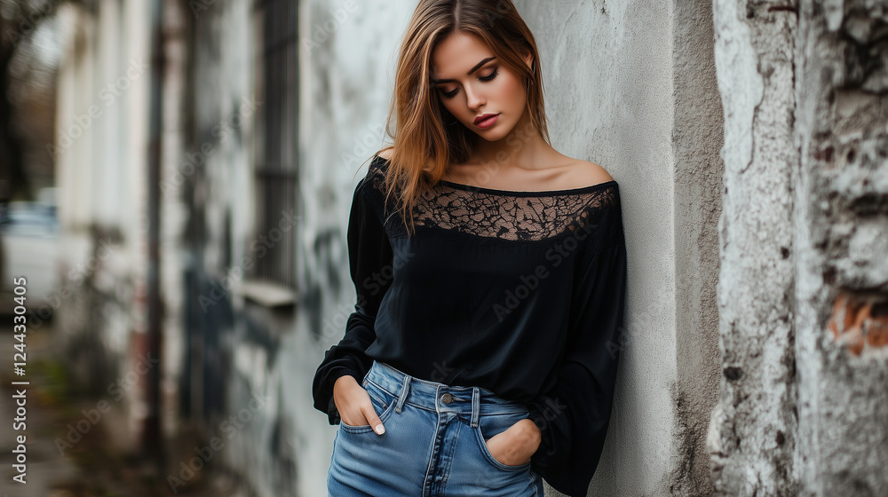 Fototapeta premium Boho Style Woman in Lace Blouse and Jeans