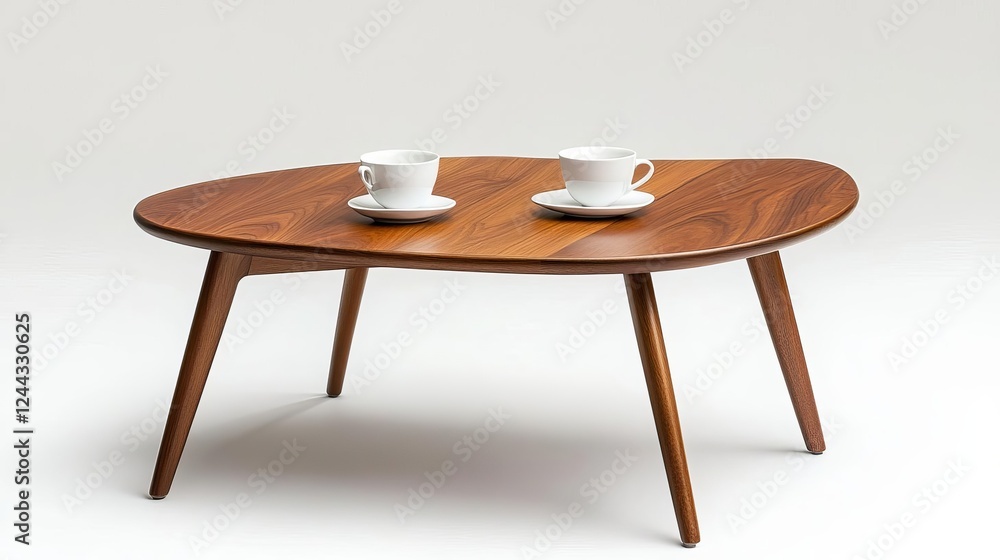 Fototapeta premium Mid-century modern bistro coffee table, walnut wood, tapered legs, cozy indoor cafe scene
