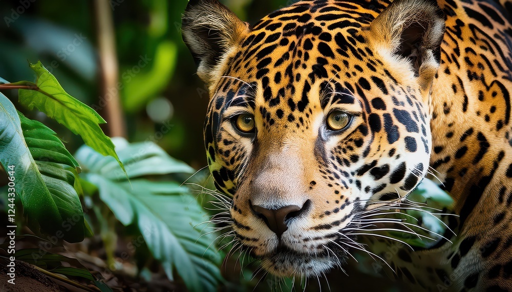 Focused Jaguar Emerging from Tropical Jungle A Moment of Intense Gaze and Wild Mystery Focused Jaguar Emerging from Tropical Jungle A Moment of Intense Gaze and Wild Mystery