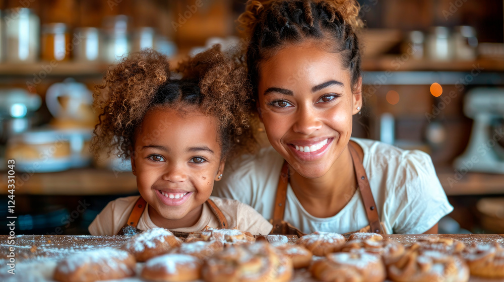 Beaming black mother daughter enjoy baking in rustic kitchen portrait image. Parent child cooking joy picture photorealistic photography. Motherhood bonding concept photo realistic Beaming black mother daughter enjoy baking in rustic kitchen portrait image. Parent child cooking joy picture photorealistic photography. Motherhood bonding concept photo realistic
