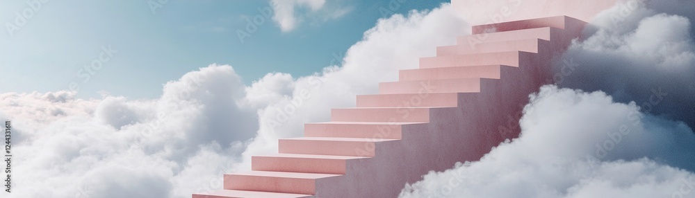 Fototapeta premium A grand staircase ascends into a blue sky, its steps gradually disappearing into thin air among fluffy clouds. This enchanting pathway invites the imagination to explore new heights