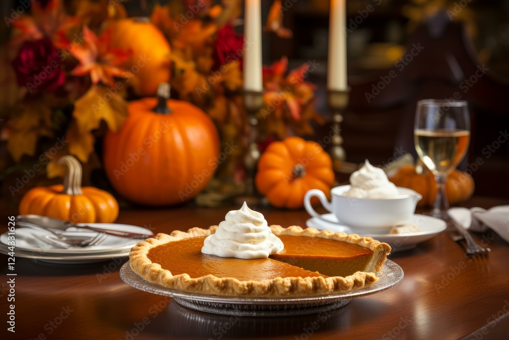 Freshly baked pumpkin pie with whipped cream topping sits on a table set for thanksgiving dinner, surrounded by pumpkins and autumn leaves Freshly baked pumpkin pie with whipped cream topping sits on a table set for thanksgiving dinner, surrounded by pumpkins and autumn leaves