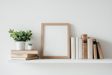 Minimalist interior with blank wooden picture frame on white shelf surrounded by books and small plants, perfect for artwork mockups