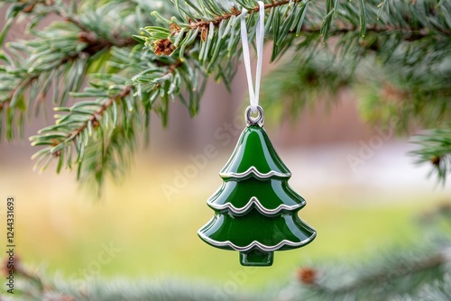 Green Enamel Christmas Tree Ornament - Festive Christmas tree ornament, symbolizing joy, winter, tradition, hope, and celebration.  Perfect for holiday decoration. photo