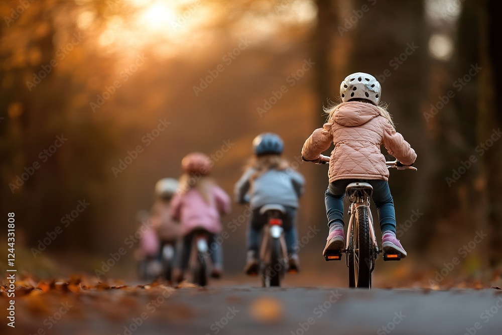 Obraz premium A group of children rides their bikes along a picturesque, sunlit path surrounded by trees, showcasing their carefree spirit and happiness as they pedal together