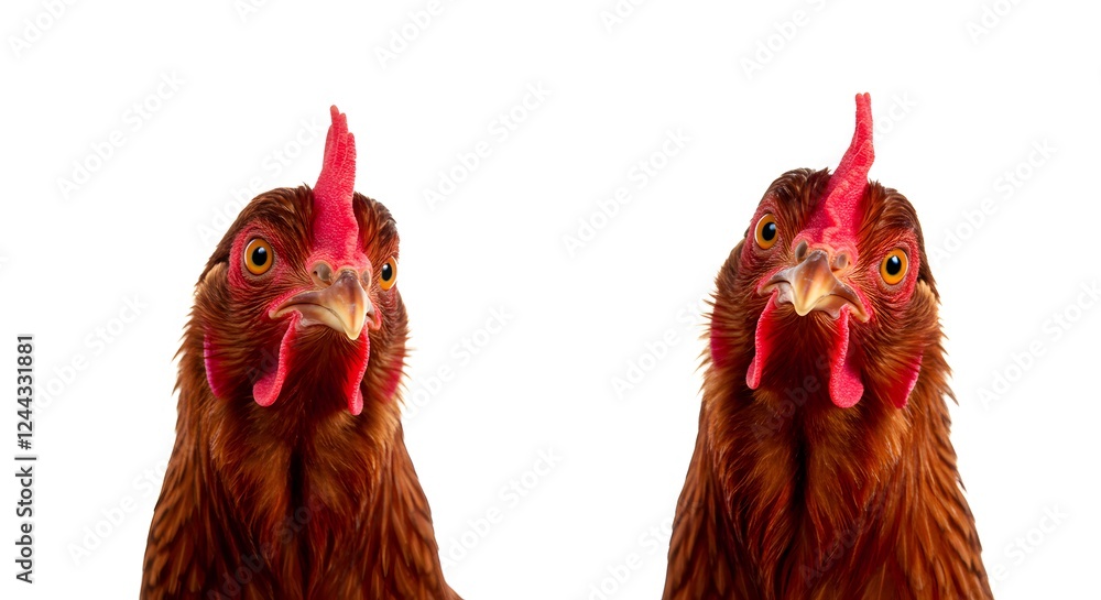 Naklejka premium Studio shot of two brown hens facing each other against a white background with incredible detail of feathers and combs, ideal for farming or poultry theme