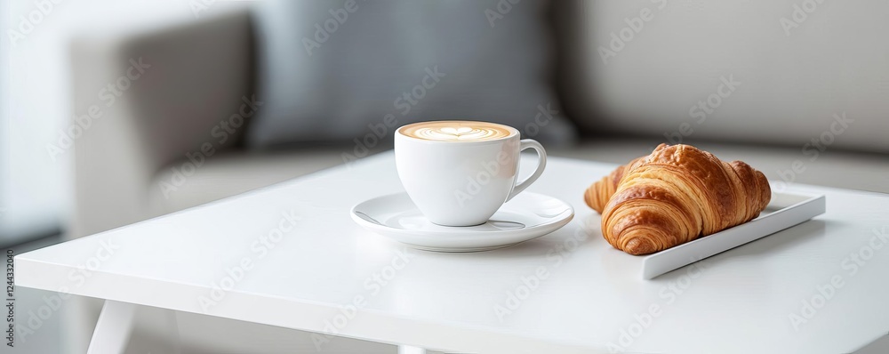 Minimalist white bistro coffee table, cappuccino and croissant, cozy modern cafe Minimalist white bistro coffee table, cappuccino and croissant, cozy modern cafe