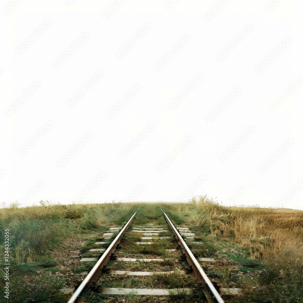 Fototapeta premium Old train tracks stretching towards the horizon under a white sky, symbolizing travel, journey, and new beginnings