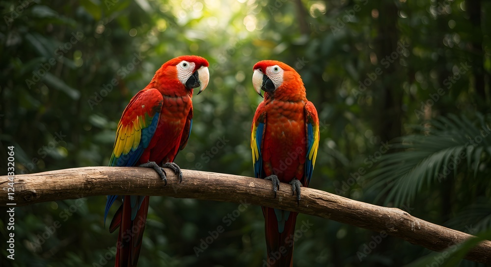Two bright scarlet macaws with blue and yellow wings perched on a branch, set in a lush tropical background, ideal for jungle or wildlife content Two bright scarlet macaws with blue and yellow wings perched on a branch, set in a lush tropical background, ideal for jungle or wildlife content