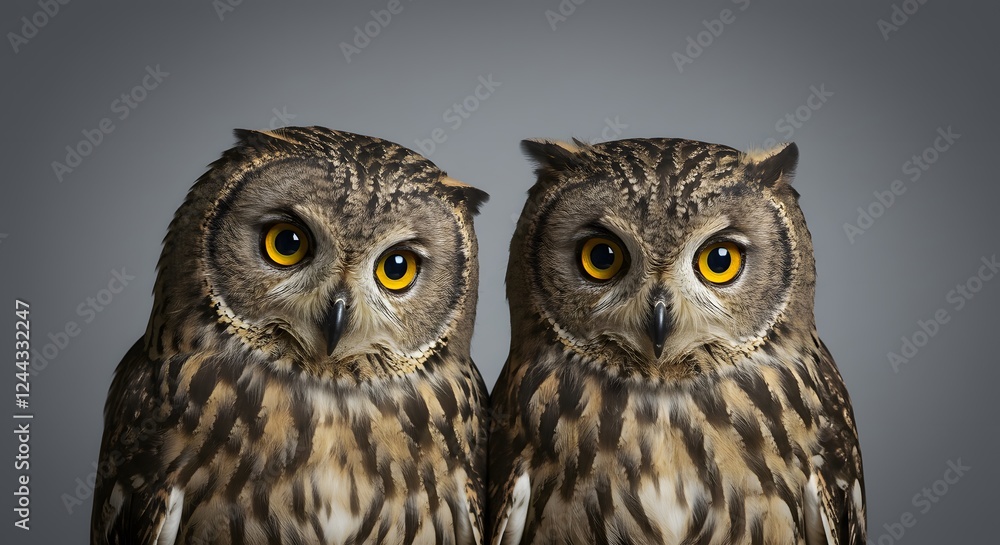 Fototapeta premium Two owls in a studio photograph with sharp detailing of their feathers and eyes, set against a neutral background for wildlife enthusiasts