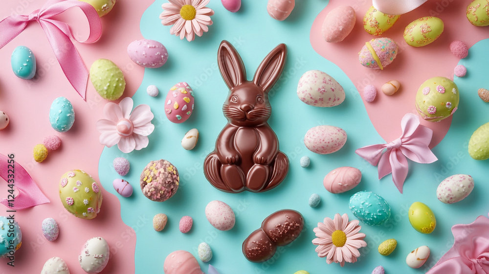 Whimsical Easter-themed flat lay with a chocolate bunny, pastel-colored eggs, and delicate floral decorations, creating a festive and playful arrangement Whimsical Easter-themed flat lay with a chocolate bunny, pastel-colored eggs, and delicate floral decorations, creating a festive and playful arrangement