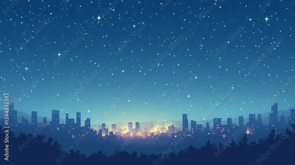 Fototapeta premium Night Sky with Stars over City Skyline and Silhouette of Trees
