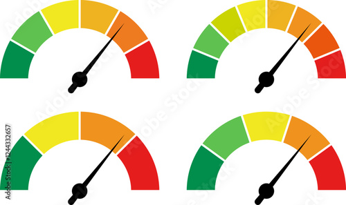 A set of speed measurement icons, highlighted on a white background. Modern flat design. The minimum and maximum measurement dial. Colorful infographics. Vehicle performance measurement icon.