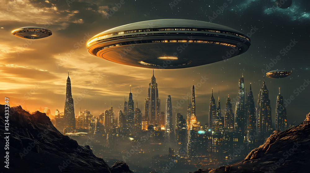 Futuristic cityscape with hovering vehicles and towering structures on an alien planet during twilight. Monumental Structures. Illustration Futuristic cityscape with hovering vehicles and towering structures on an alien planet during twilight. Monumental Structures. Illustration