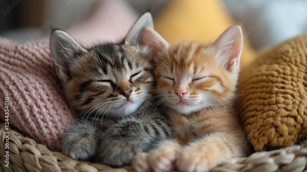 Two tiny kittens snuggling together in a wicker basket, surrounded by soft pillows and warm, pastel tones. Two tiny kittens snuggling together in a wicker basket, surrounded by soft pillows and warm, pastel tones.