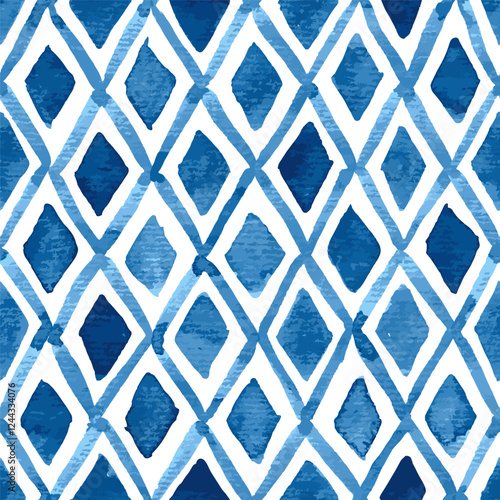 Hand painted watercolor rhombuses and diagonal grid in blue. Seamless vector pattern