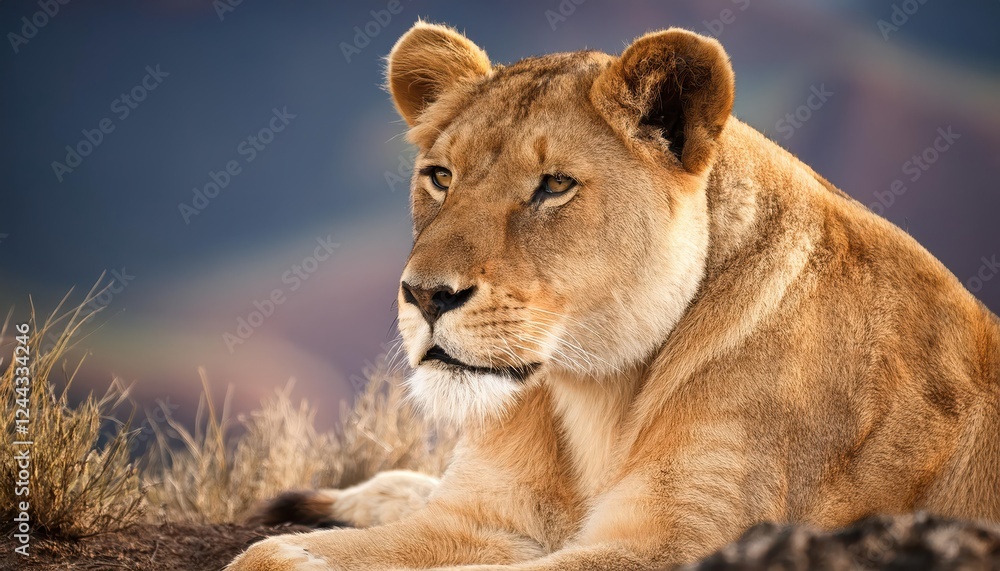 Majestic Lioness at Peace in Vibrant Savannah Sunset, Showcasing the Striking Contrast Between Power and Serenity in the African Wilderness. Majestic Lioness at Peace in Vibrant Savannah Sunset, Showcasing the Striking Contrast Between Power and Serenity in the African Wilderness.