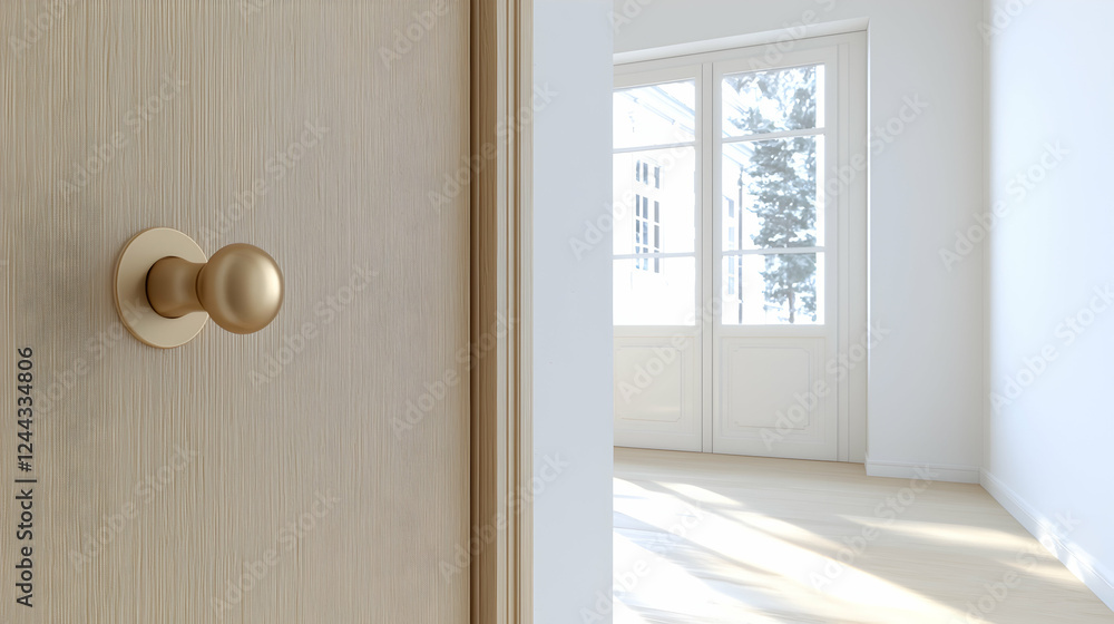 Fototapeta premium Modern door handle, bright room, winter view