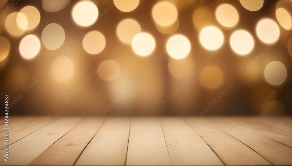 Una superficie de madera en primer plano con un fondo borroso con luces bokeh suaves y cálidas en tonos dorados y crema Una superficie de madera en primer plano con un fondo borroso con luces bokeh suaves y cálidas en tonos dorados y crema
