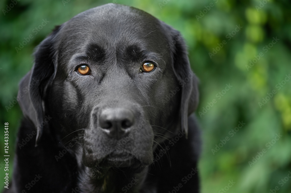 Black purebred dog on a background of blurred leaves of a bush. Labrador Retriever portrait. Black purebred dog on a background of blurred leaves of a bush. Labrador Retriever portrait.