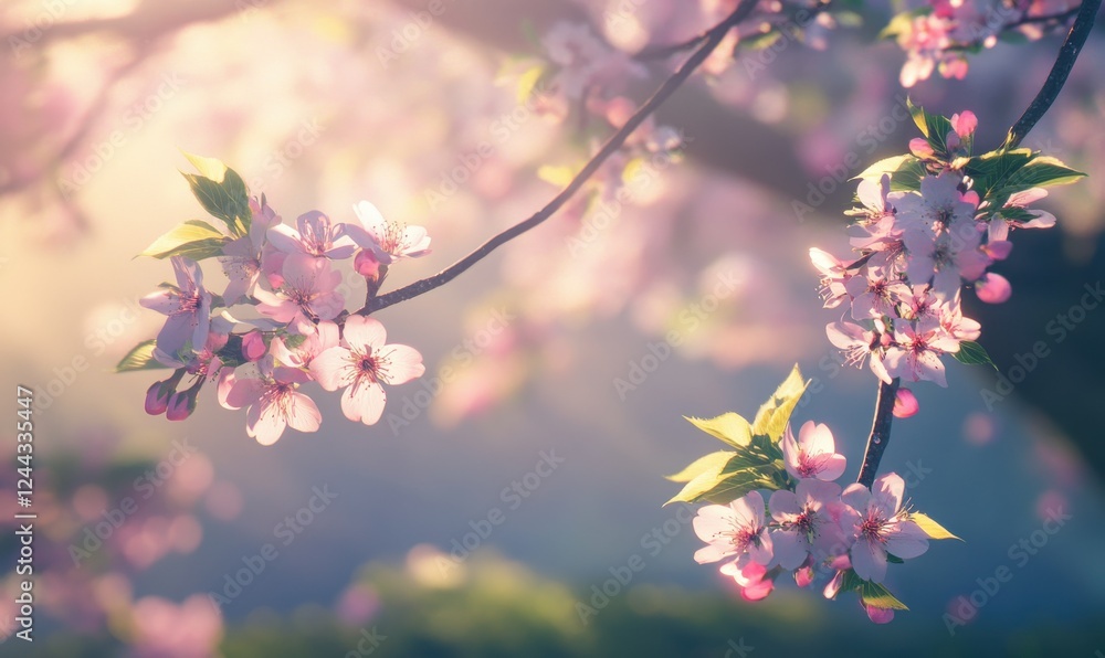 Delicate cherry blossom branches in full bloom, their soft pink petals glowing under warm sunlight with a blurred nature background