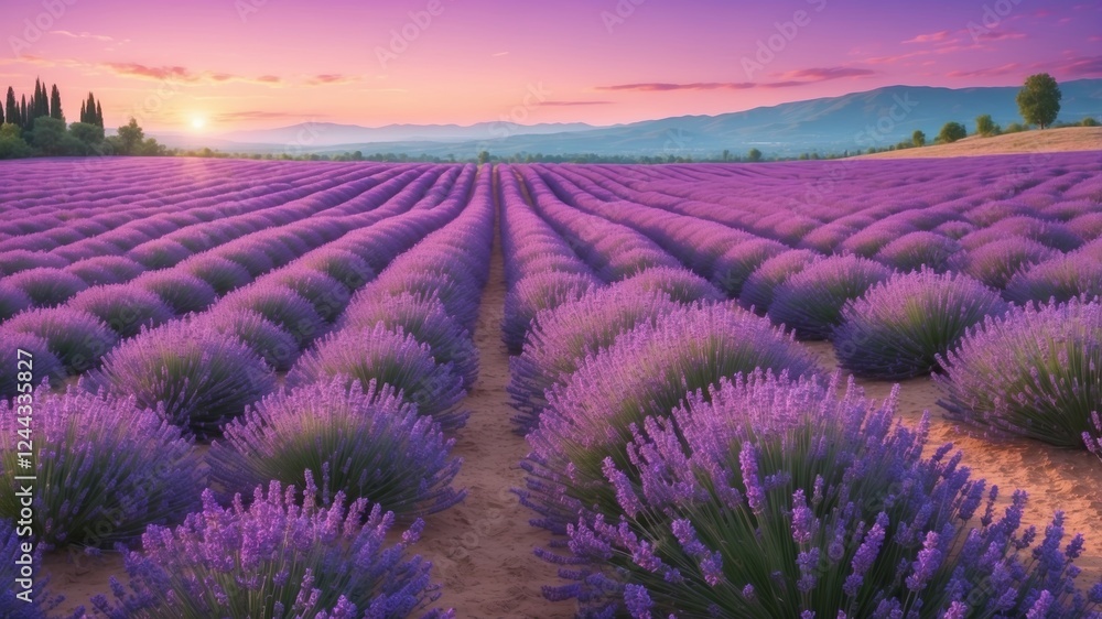 Lavender fields bloom at sunset in a picturesque landscape of vibrant purple hues Lavender fields bloom at sunset in a picturesque landscape of vibrant purple hues