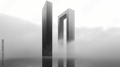 This image features towering monolithic structures against a fog-covered landscape, evoking a sense of mystery and otherworldly calm in a stark minimalist style. Monumental Structures. Illustration photo