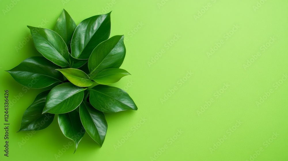 Fototapeta premium Lush Green Leaves on Vibrant Background - Fresh, vibrant green leaves symbolize nature, growth, spring, renewal, and life. A perfect image for eco-friendly themes.