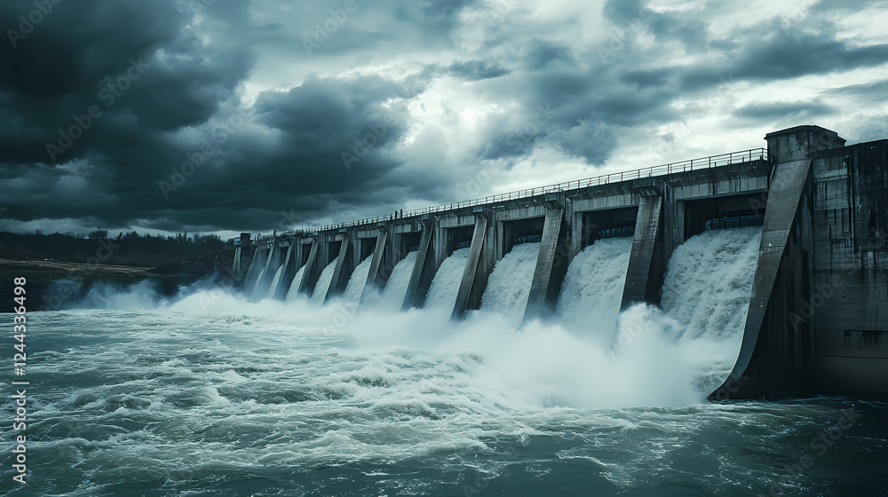 Water rushing through a dam with a cloudy sky. Monumental Structures. Illustration Water rushing through a dam with a cloudy sky. Monumental Structures. Illustration
