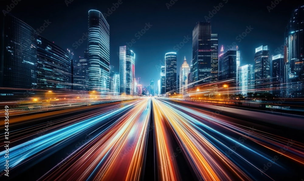 Fototapeta premium Dramatic futuristic cityscape with vibrant light trails and towering buildings under a starry night sky.