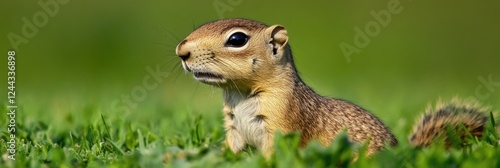 Charming European Ground Squirrel Amidst Lush Green Meadow - Spermophilus Citellus in Wildlife Setting photo