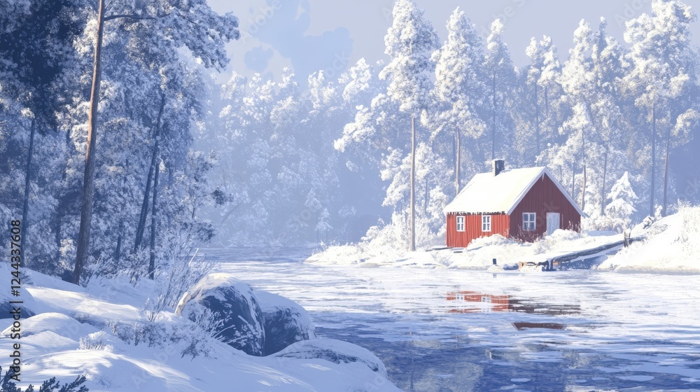Fototapeta premium Red Cabin Winter Wonderland Snowy Forest Scene