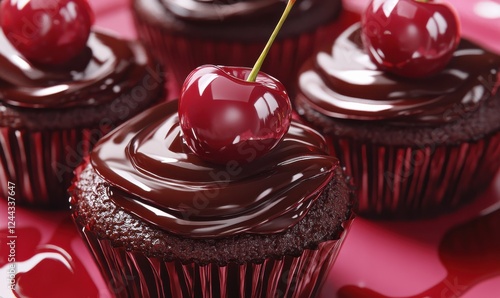 Gourmet chocolate cupcakes with shiny cherry topping image